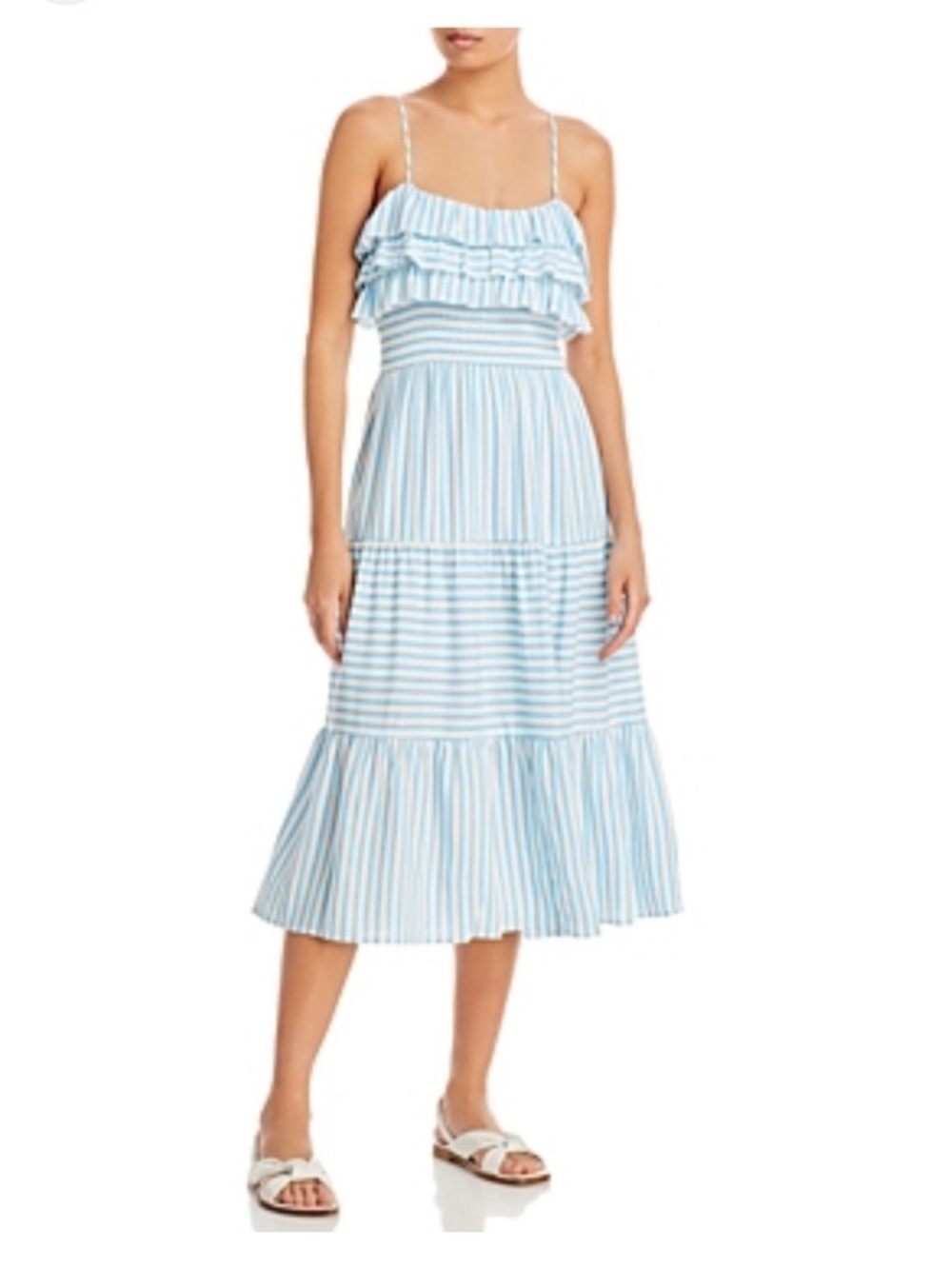 Aqua Blue and White Striped Ruffle Midi Dress